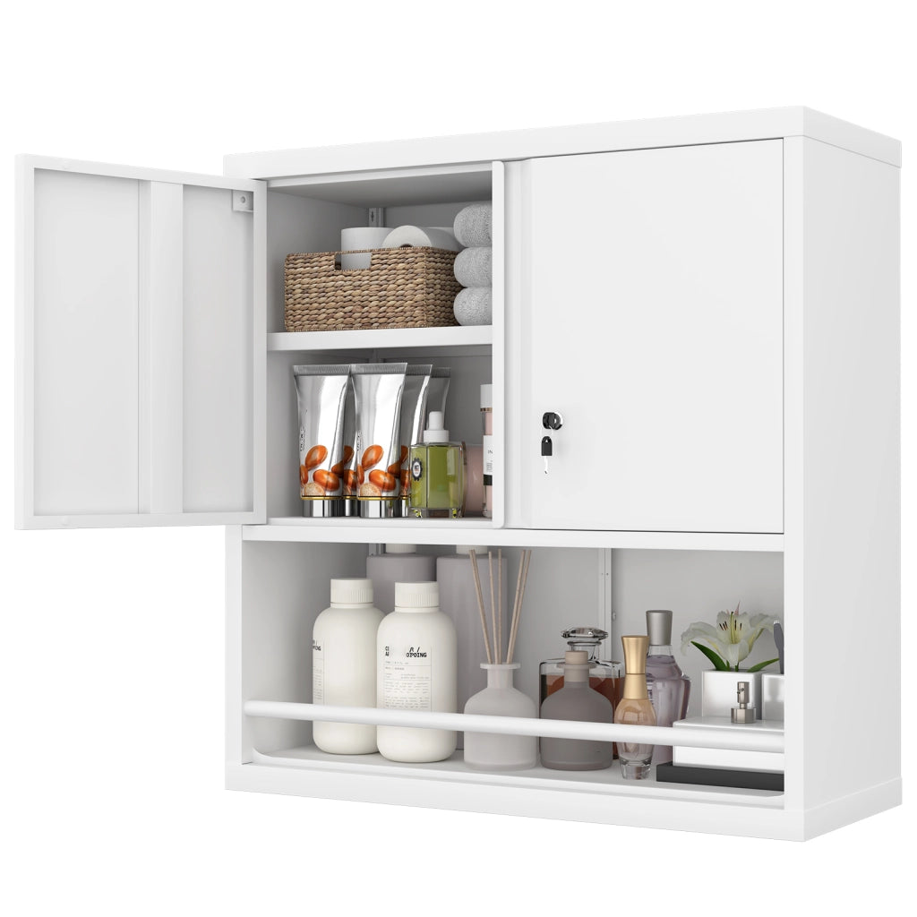 Armadietto da parete in metallo con ripiano regolabile, per garage e soggiorno, bianco, 88 × 45 × 14 cm
