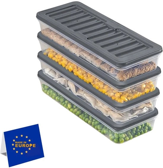 Contenitori alimentari sovrapposti, set di contenitori di conservazione, organizzatore del congelatore e del frigorifero con coperchio, resistente al gelo fino a -25 °C, scatole riciclabili per carni (4x1170)