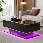 Tavolino da Salotto Moderno 100 cm con Luci LED e 3 Cassetti; Finitura Lucida; Nero e Oro