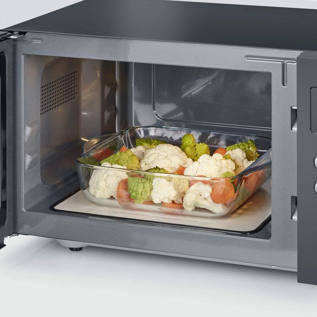Severin mw7763 forno a microonde 2 in 1 con fondo in ceramica e grill, capacità 20 l, forno a microonde per scongelare e riscaldare, con grande superficie utile per stoviglie quadrate, nero/acciaio inox