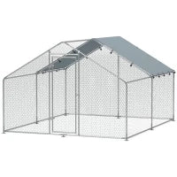 Recinto per Galline da 10.2m² per 10-15 Galline con Tetto Impermeabile, in Acciaio e Tessuto, 3x3.4x1.9 m, Argento