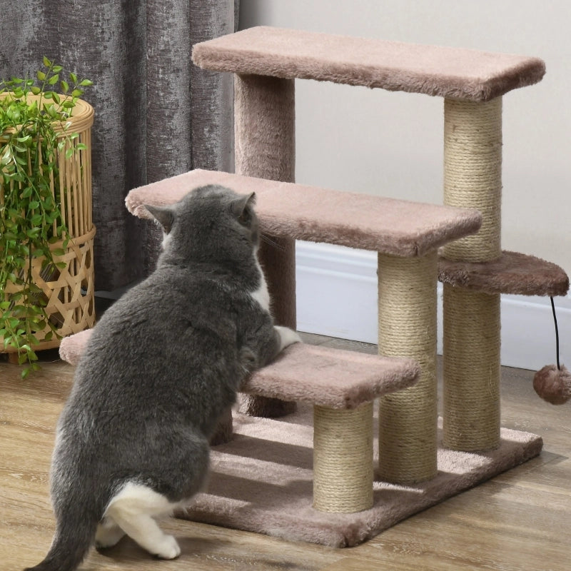 Treppe per gatti con tiragraffi in juta, 3 gradini, pallina gioco, 45x40x48 cm, marrone