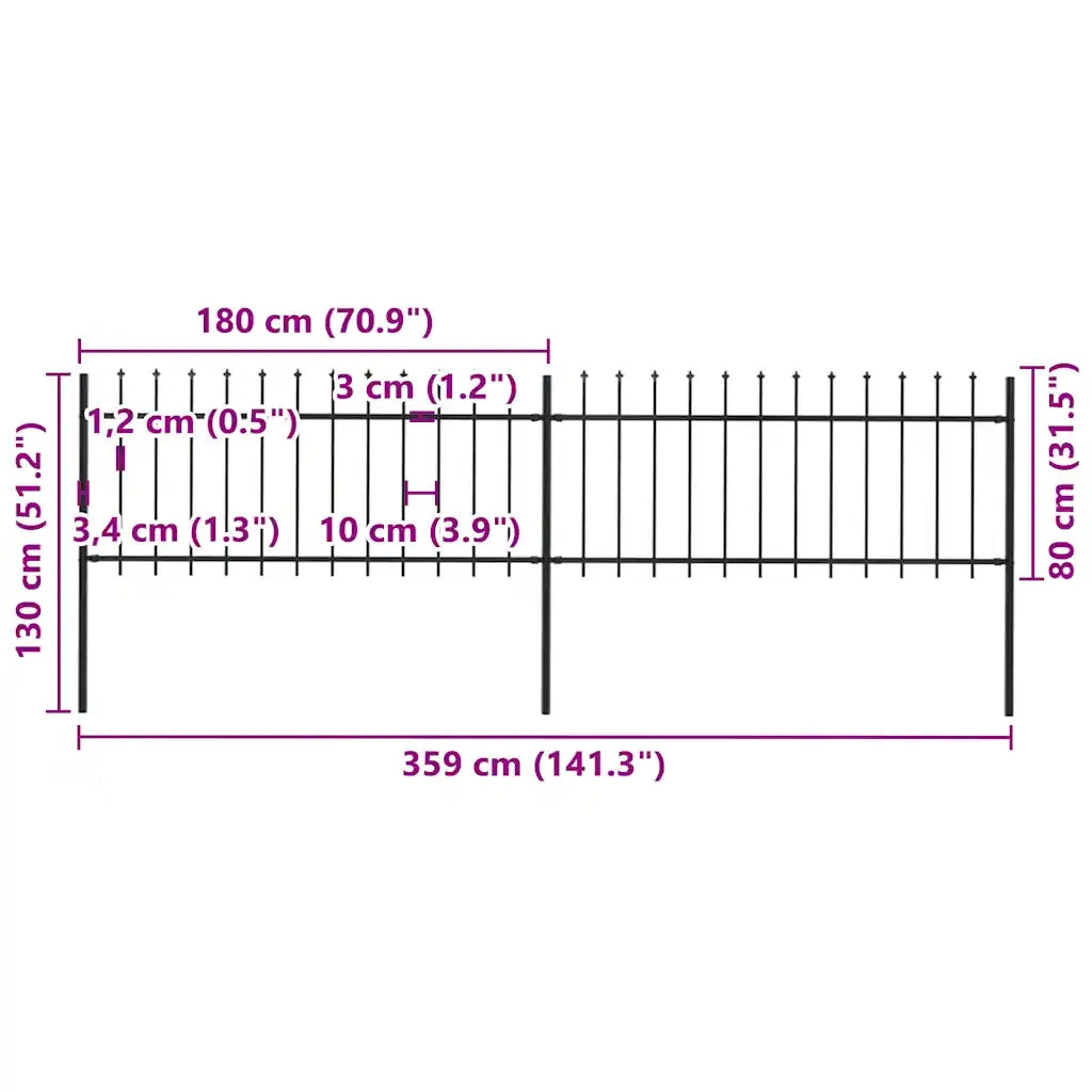 Recinzione Giardino con Punta a Lancia in Acciaio 3,4x0,8 m Nera cod mxl 6574