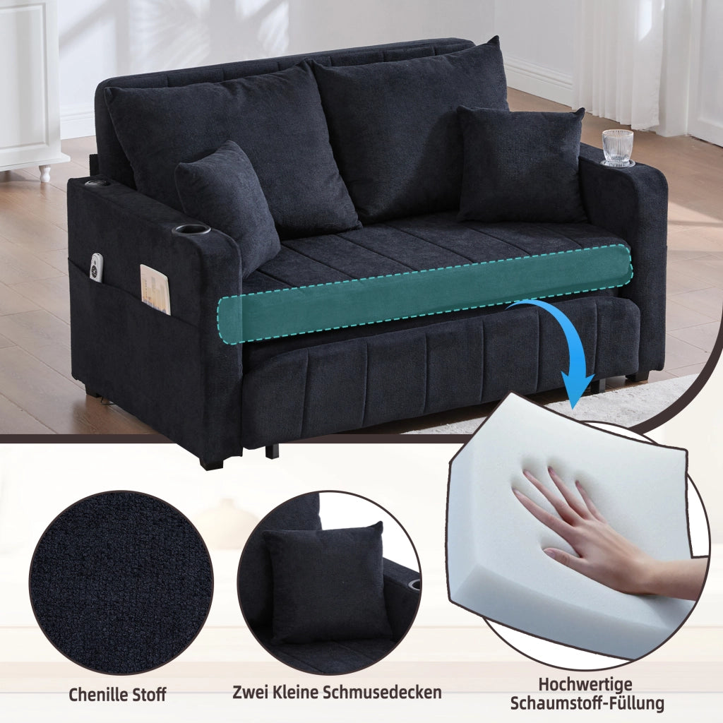 OKWISH Divano Letto 2 Posti con Tasca Laterale e 4 Cuscini, Seduta in Schiuma ad Alta Densità, Ciniglia, Nero
