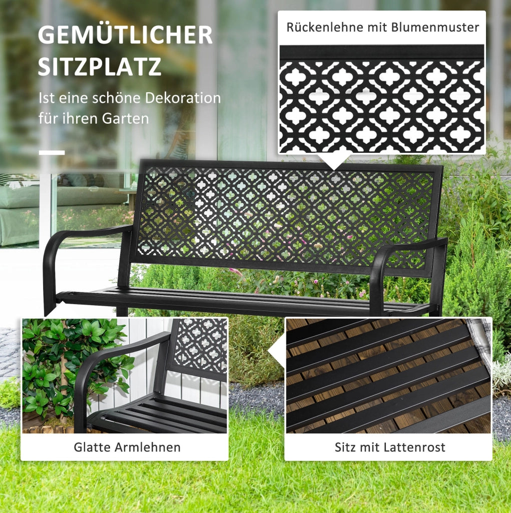 Panca da giardino 2 posti con schienale e braccioli in acciaio nero 127 x 63 x 83 cm