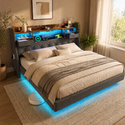 Letto imbottito ULEVR 140x200 cm con LED, 3 USB e Type-C, testiera con ripiani e cassetti, lino grigio