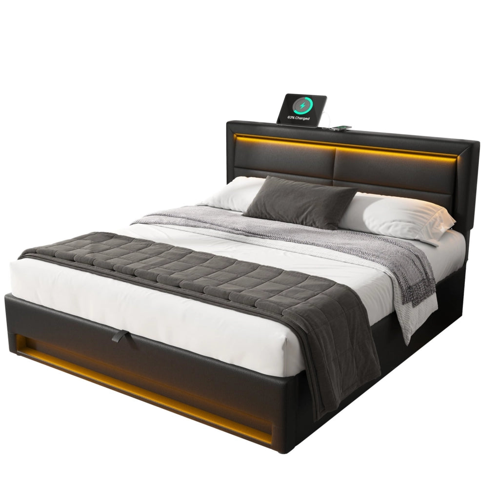 Letto imbottito 140x190 cm con USB; LED e contenitore; in PU nero