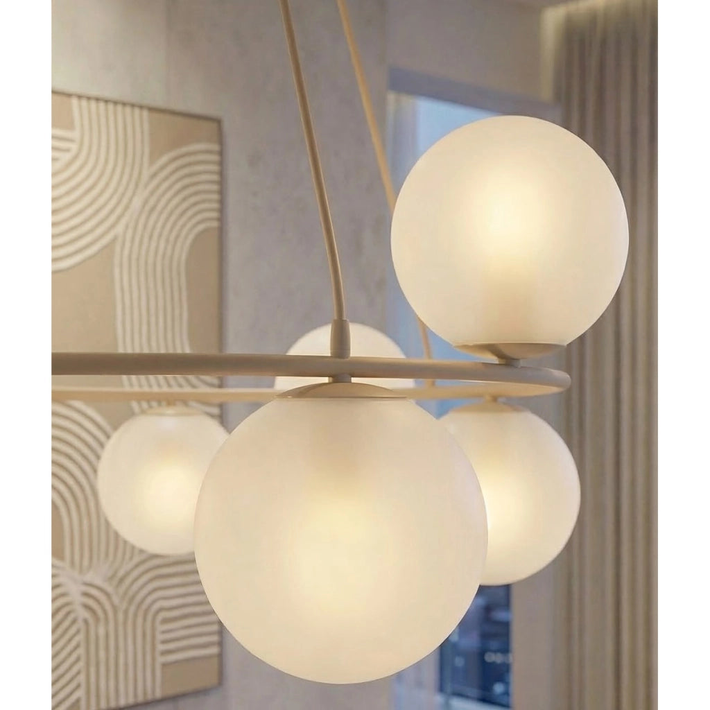 Lampada a sospensione Azura in acciaio beige e vetro opalino