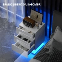 Comodino Moderno con Luce LED Regolabile con Telecomando e 3 Cassetti, 40x35x60 cm, Bianco Lucido