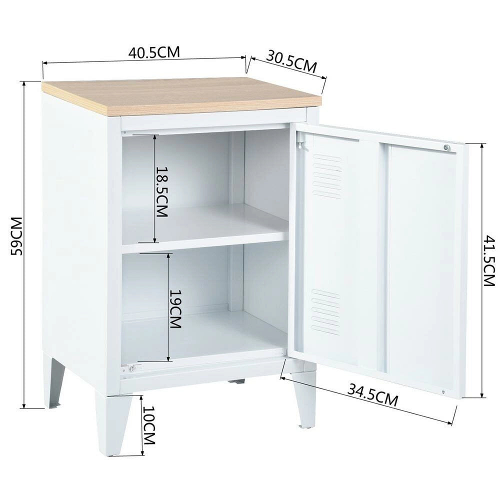 Mobiletto Comodino in Metallo e Legno MDF 2 Ripiani + Anta Design Moderno Bianco