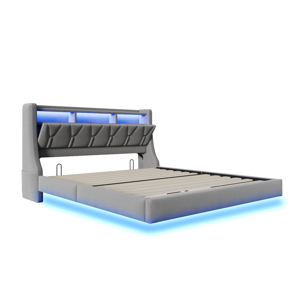 Letto matrimoniale imbottito 180x200 cm con testiera pieghevole; LED; prese USB e Type-C; velluto grigio