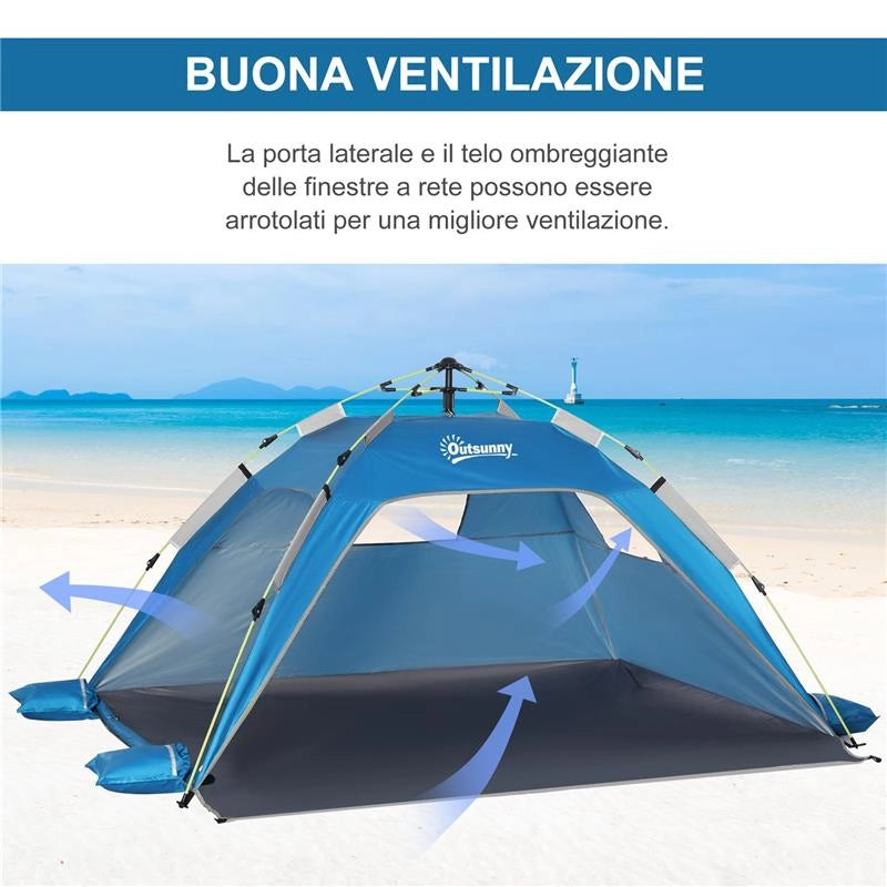 TENDA DA SPIAGGIA POP UP CON PORTA A CERNIERA IN POLIESTERE E FIBRA DI VETRO 220X173X120 CM BLU CIELO E GRIGIO