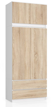 Armadio AKORD S90 con sopralzo Bianca 90 cm 2 ante 2 cassetti inserto frontale Sonoma Quercia 90x51x234 cm