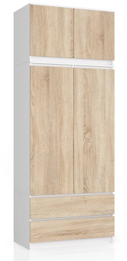 Armadio AKORD S90 con sopralzo Bianca 90 cm 2 ante 2 cassetti inserto frontale Sonoma Quercia 90x51x234 cm