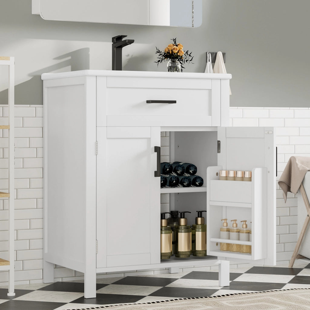 Mobile sottolavabo con lavello in ceramica, 2 ante, cassetto reversibile, ripiani regolabili, bianco 60 × 46 × 84,8 cm