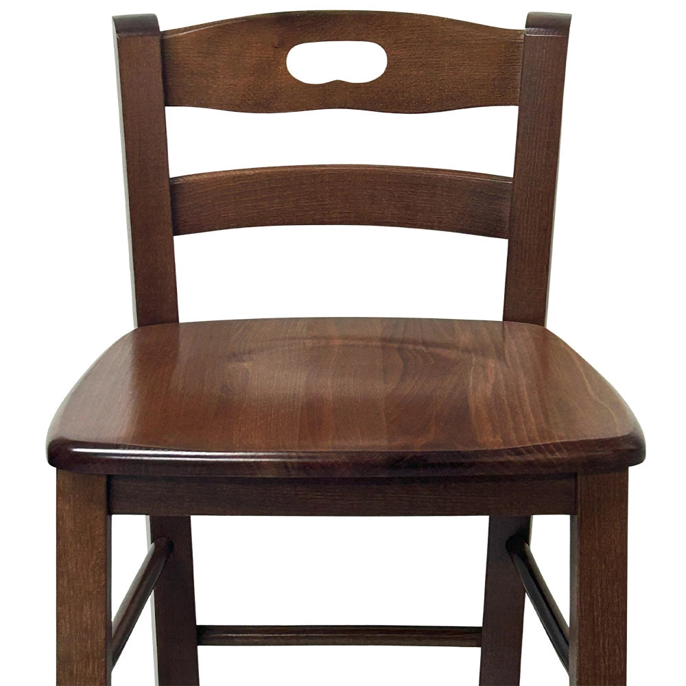 Sgabello di legno con schienale h66 cm con manico con seduta massello noce