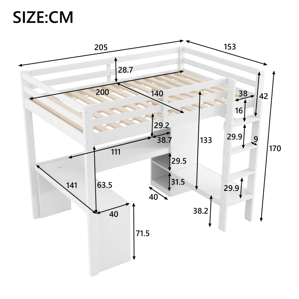Letto a Soppalco 140 x 200 cm con Scrivania; Armadio; Mensole; LED e USB - Bianco
