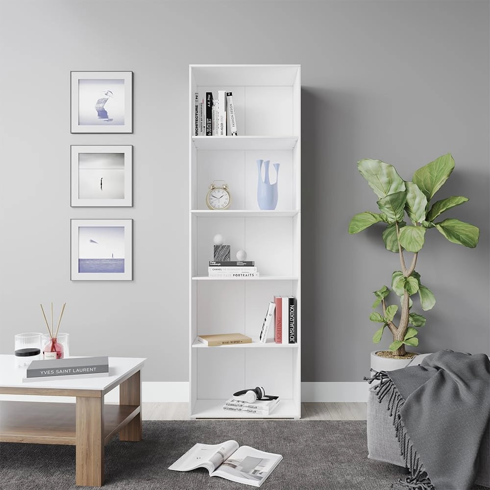 Libreria Bob, Bianco, 60 x 190 cm con 5 scomparti, per la conservazione e la presentazione di libri e raccoglitori