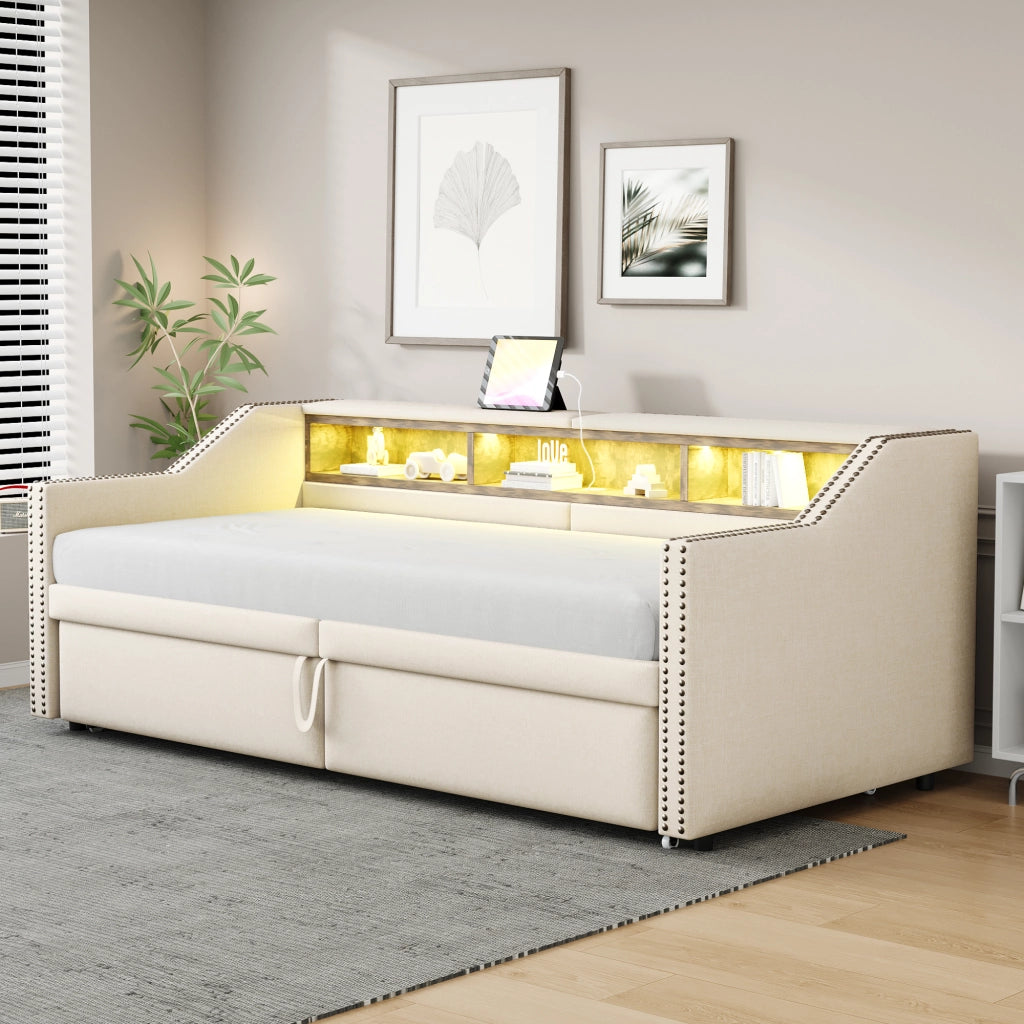 Letto divano estraibile 90 × 200 cm et 180 × 200 cm con ripiani, USB et LED, con 2 materassi, beige