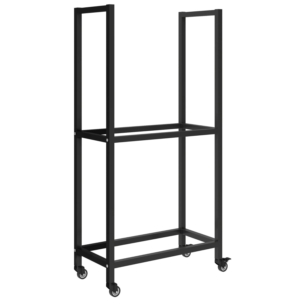 Portalegna da Esterno e Interno 60x30x119 cm a Due Livelli con Ruote in Acciaio Rinforzato Nero