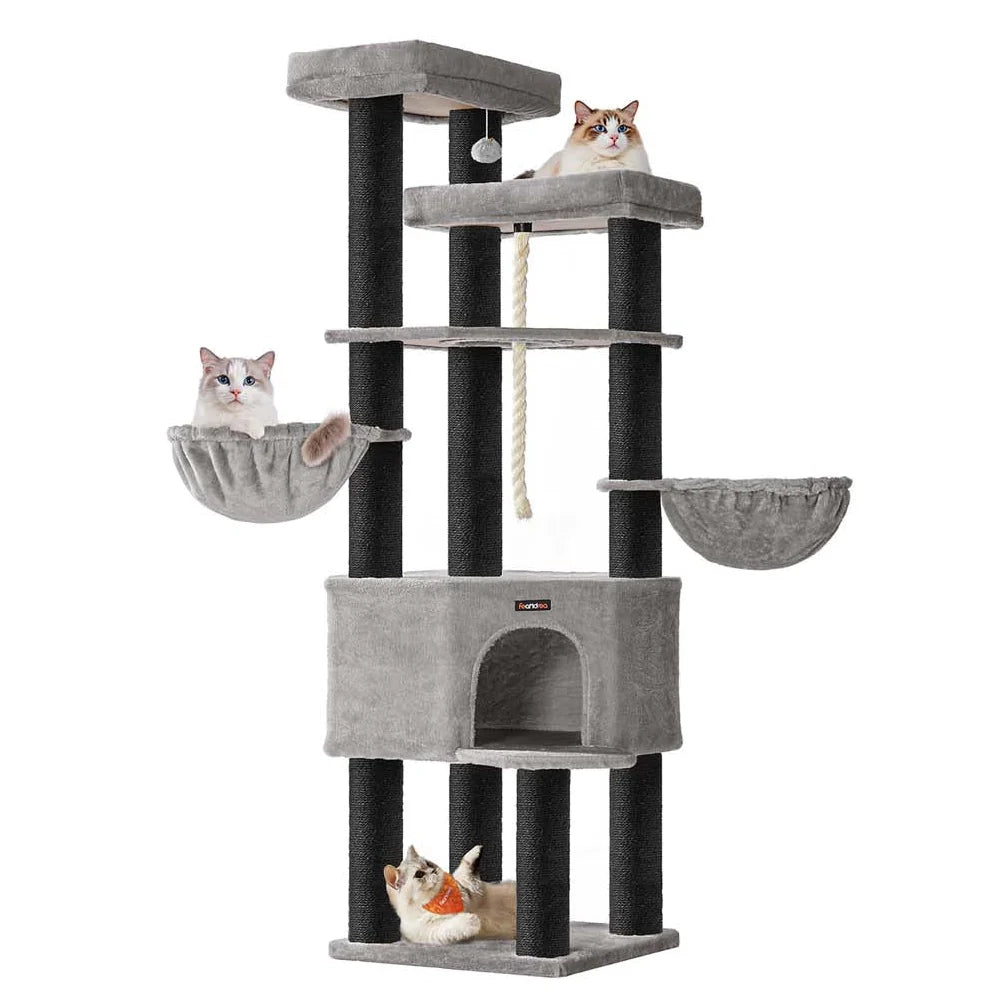 Grande albero per gatti torre gioco per gatti a più livelli 55 x 55 x 186,7 cm pali in sisal da 11 cm di diametro grigio 12_0008009