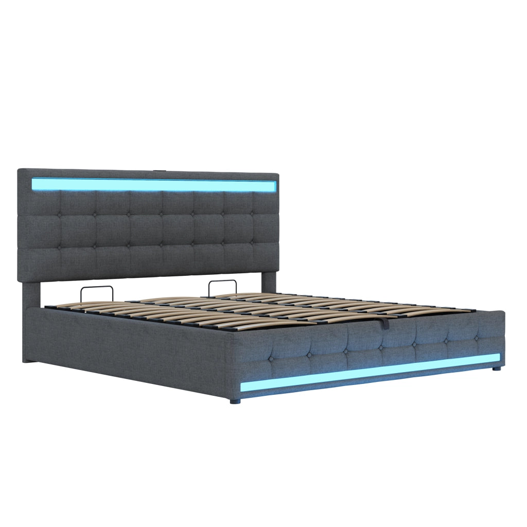 Letto imbottito matrimoniale 180x200 cm con LED RGB, USB integrati e contenitore del comfort moderno, Grigio