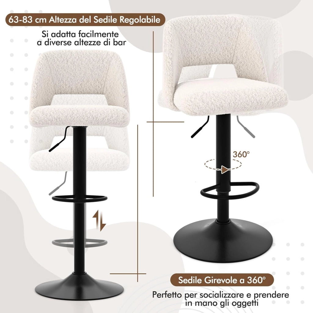 Set 2 Sgabelli da Bar in Tessuto 111cm, Sgabelli Regolabili e Girevoli con Schienali e Poggiapiedi, Sedie per Cucina ad Isola e Sala da Pranzo, Bianco