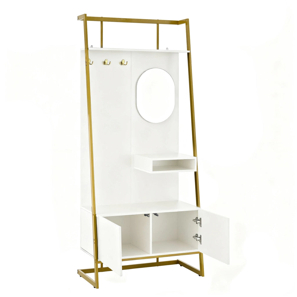 Mobile d'Ingresso con Specchio; 2 Ante; Ripiano Aperto e Ganci in Metallo; Stile Moderno; in MDF; 78??38;5??180;5 cm; Bianco