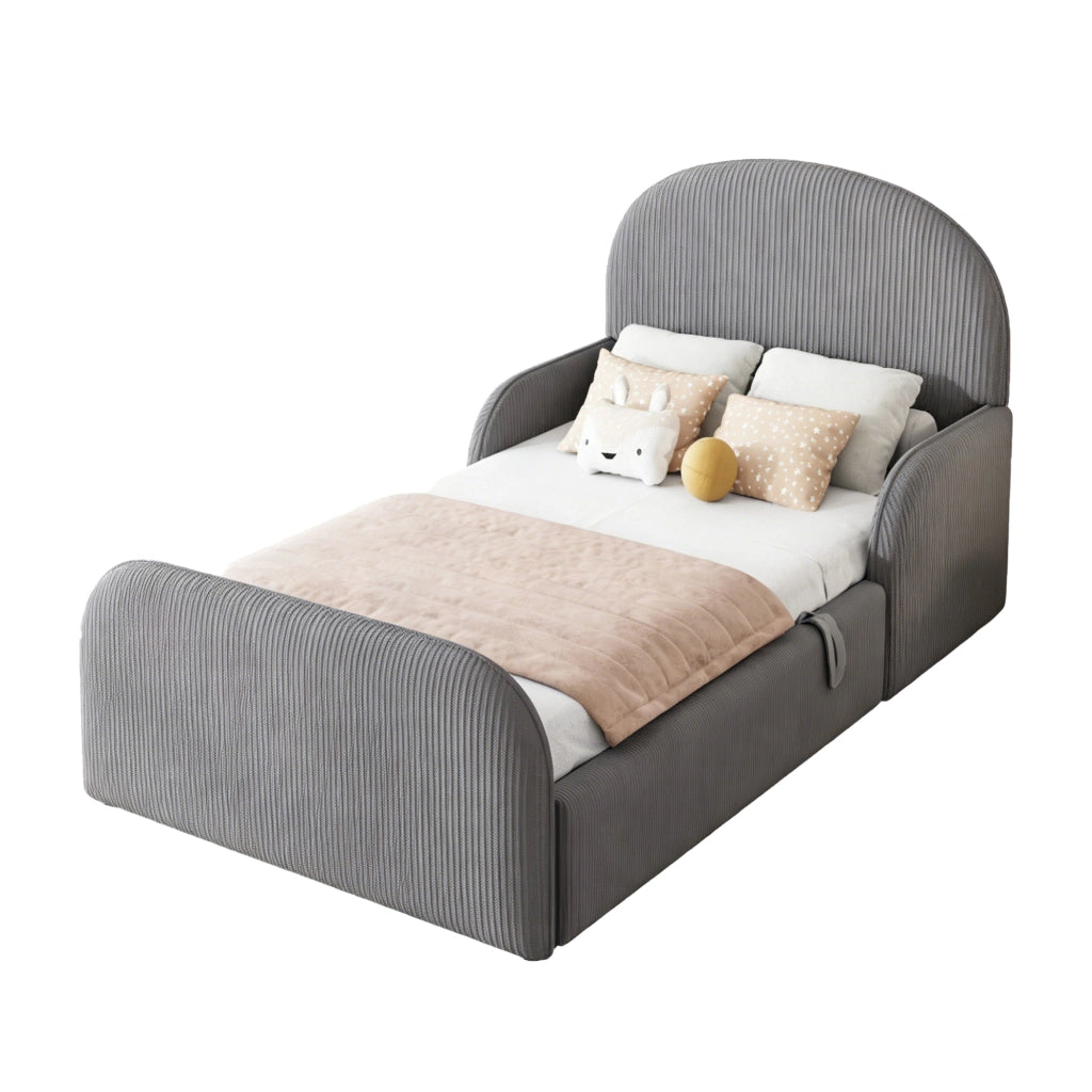 Letto singolo bambino 90×200 cm con contenitore idraulico; sponde e testiera alta; senza materasso; grigio