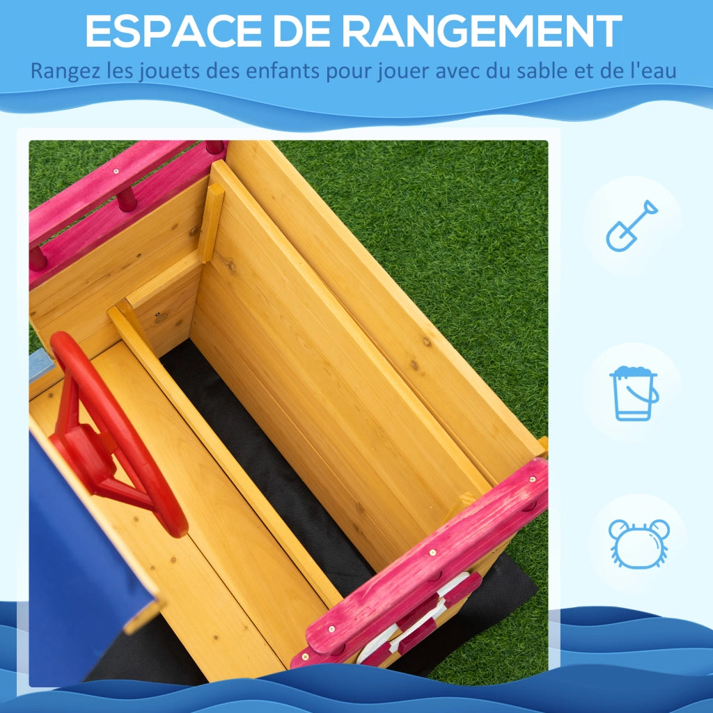 Casetta da giardino per bambini in legno a forma di barca pirata ¨C zephmum ¨C con vela ombreggiante, baule e timone