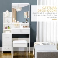 Toeletta da Trucco con Specchio, Tavolo da Trucco, Sgabello, 4 Cassetti e 4 Ripiani, Bianco