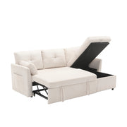Divano letto modulare con vano contenitore e chaise longue reversibile in tessuto a coste beige