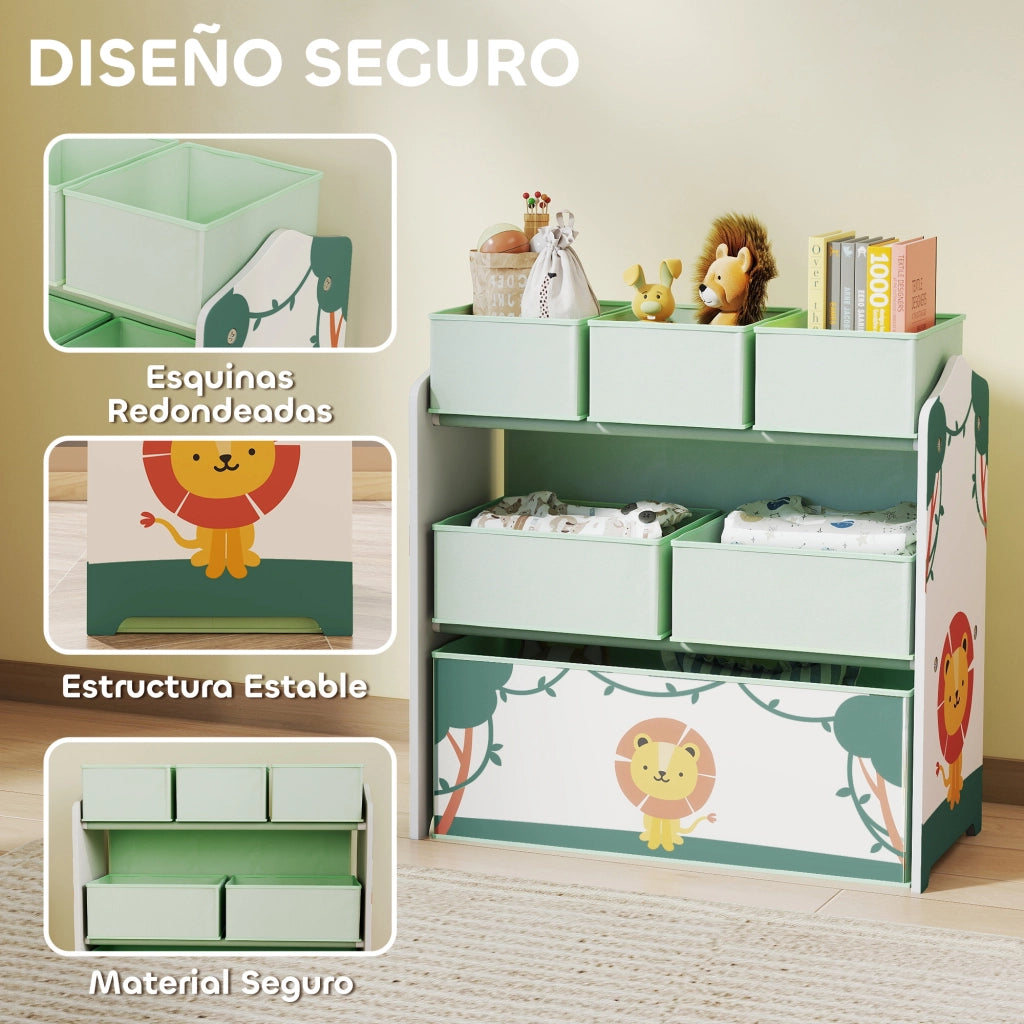 Libreria Bambini 3 Ripiani 6 Cassetti Tessuto Cameretta Stoccaggio ¨C Xylo ¨C Verde 63x30x66 cm