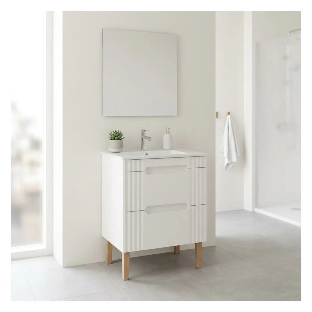 Set bagno FIDJI: mobiletto sotto lavabo 60cm + lavabo da incasso bianco + sifone + piedi