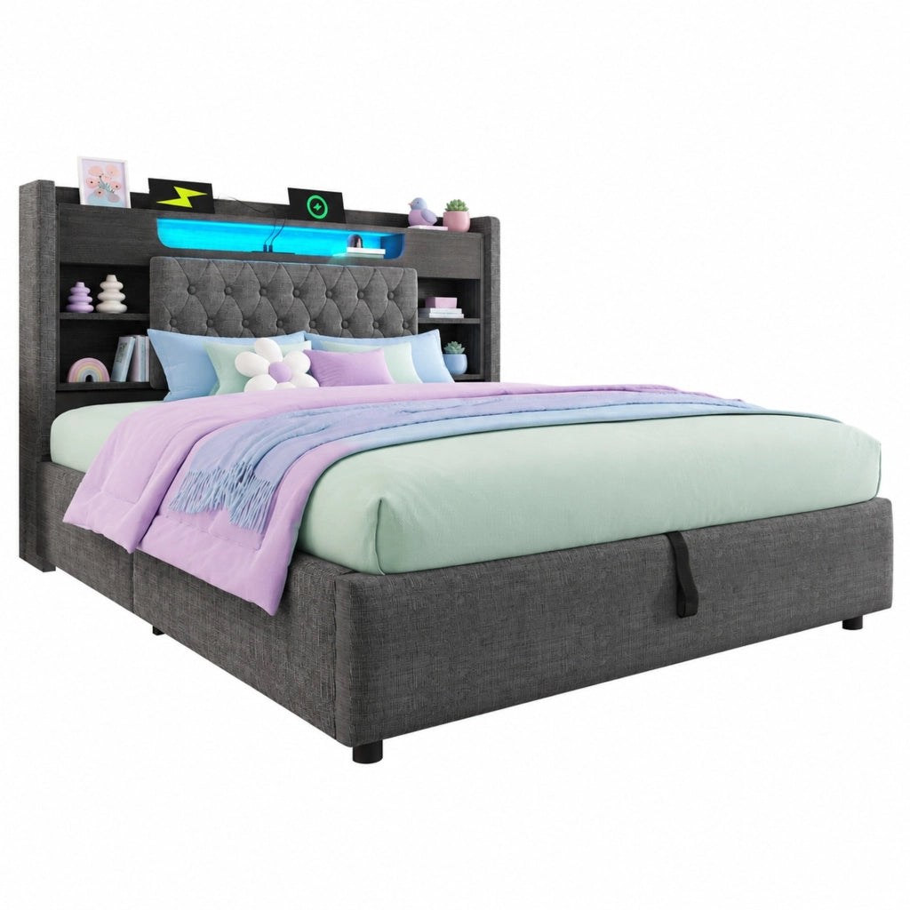 Letto Contenitore 180 x 200 cm - USB; USB-C; LED Regolabile e Mensole - Grigio