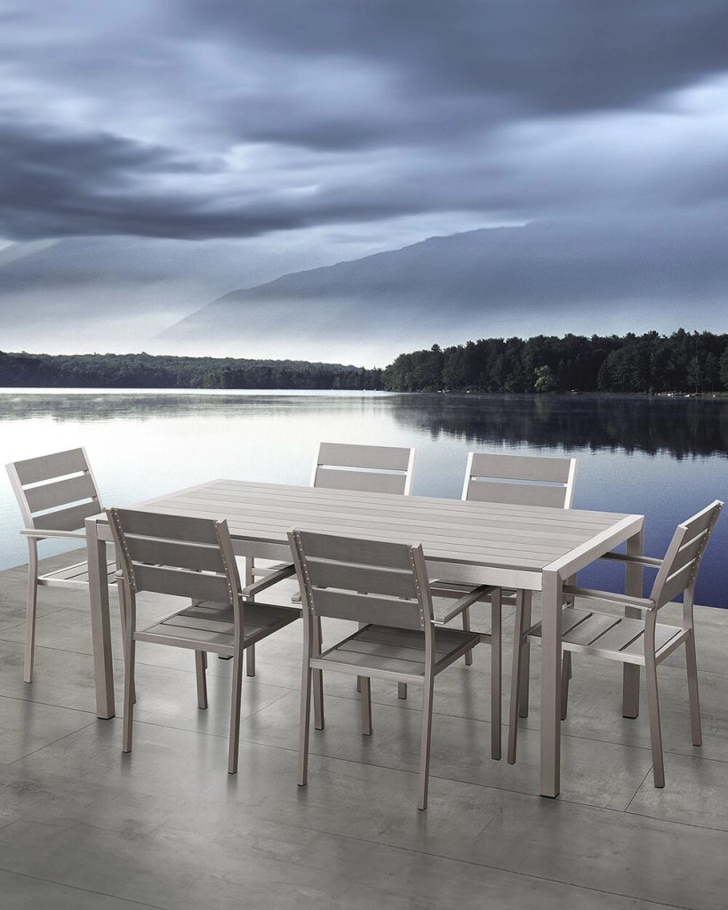 Set di 6 sedie da giardino da pranzo in plastica grigia con schienale a doghe in alluminio anodizzato set di sedie da esterno