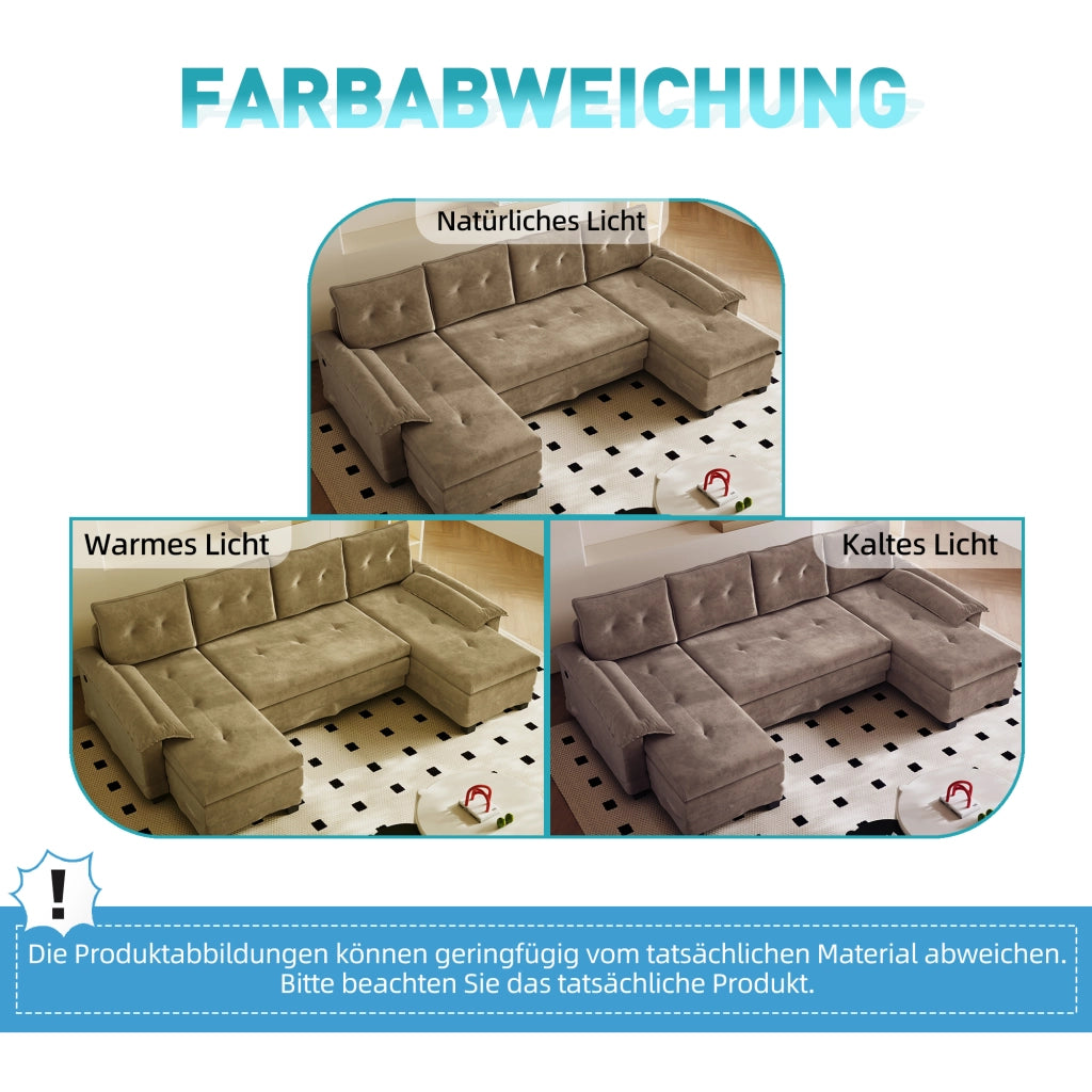 Divano modulare a U convertibile con USB, 4 cuscini, ciniglia khaki 278 × 127 × 87 cm