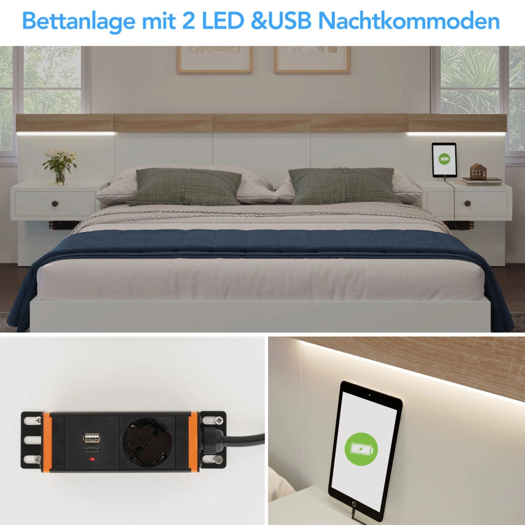 Letto matrimoniale 160x200 cm con 2 comodini LED e prese USB/Type-C; bianco e rovere