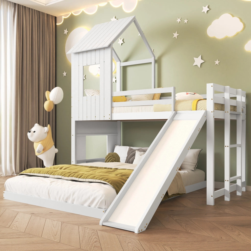 Letto a castello con scivolo; tetto; finestre e scala a 3 gradini; pino e MDF; bianco; 90x200 e 140x200 cm