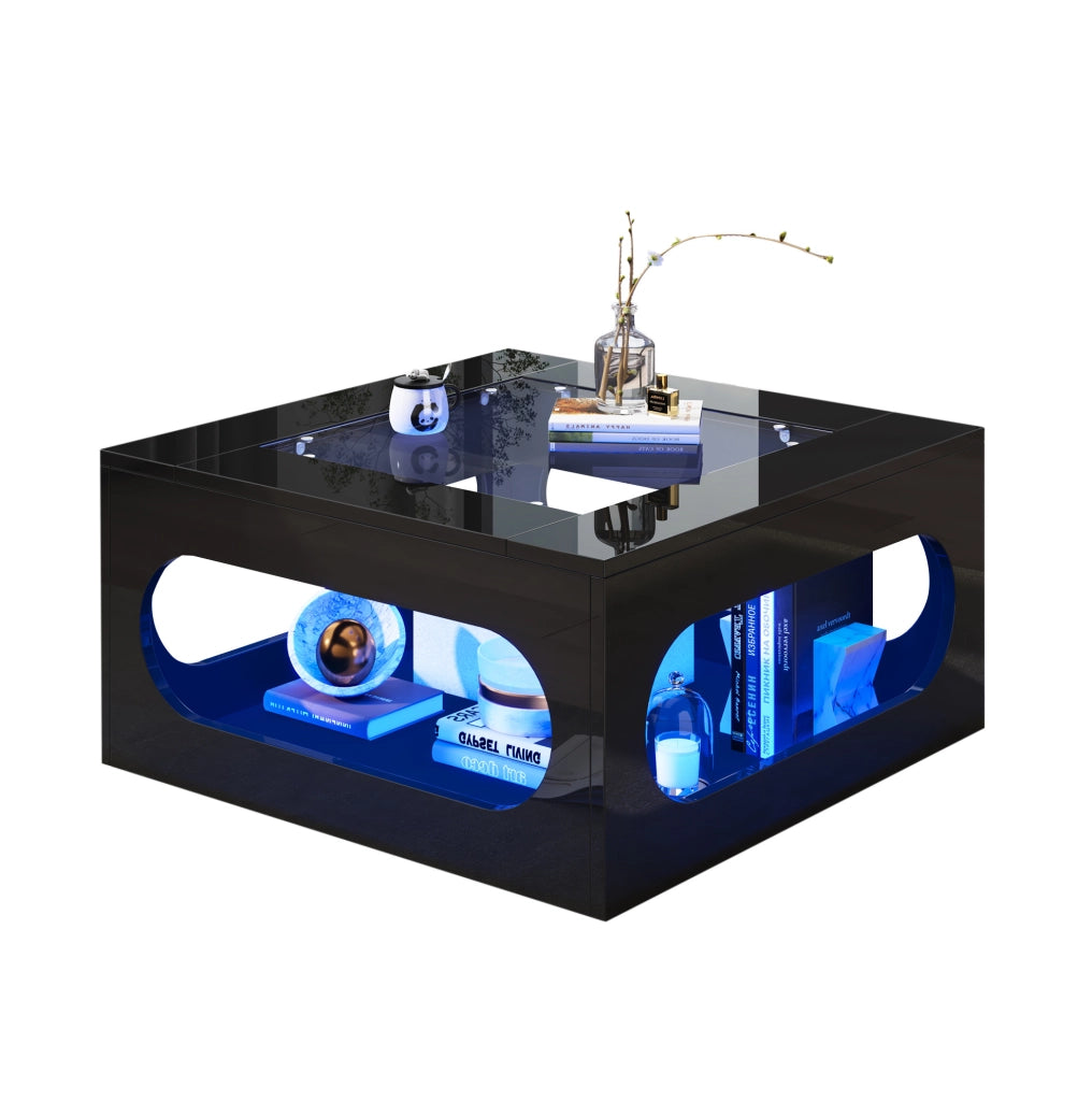 Tavolino da salotto quadrato 70 x 70 x 35 cm con LED controllato da app; vetro temperato; nero
