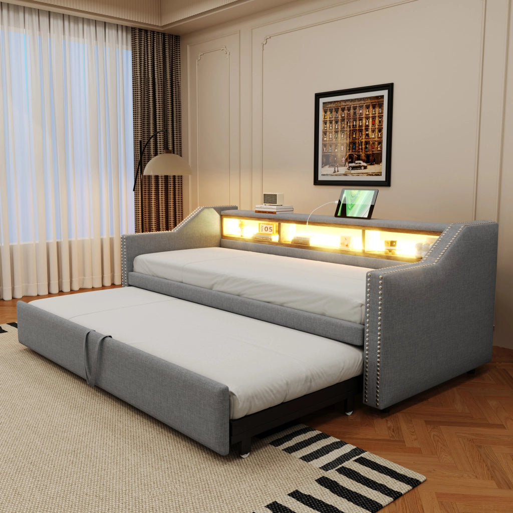OKWISH Letto a Divano 90×190 cm, Letto Singolo con Letto Estraibile, 3 Ripiani, LED Regolabile e USB, senza Materasso, Grigio Chiaro