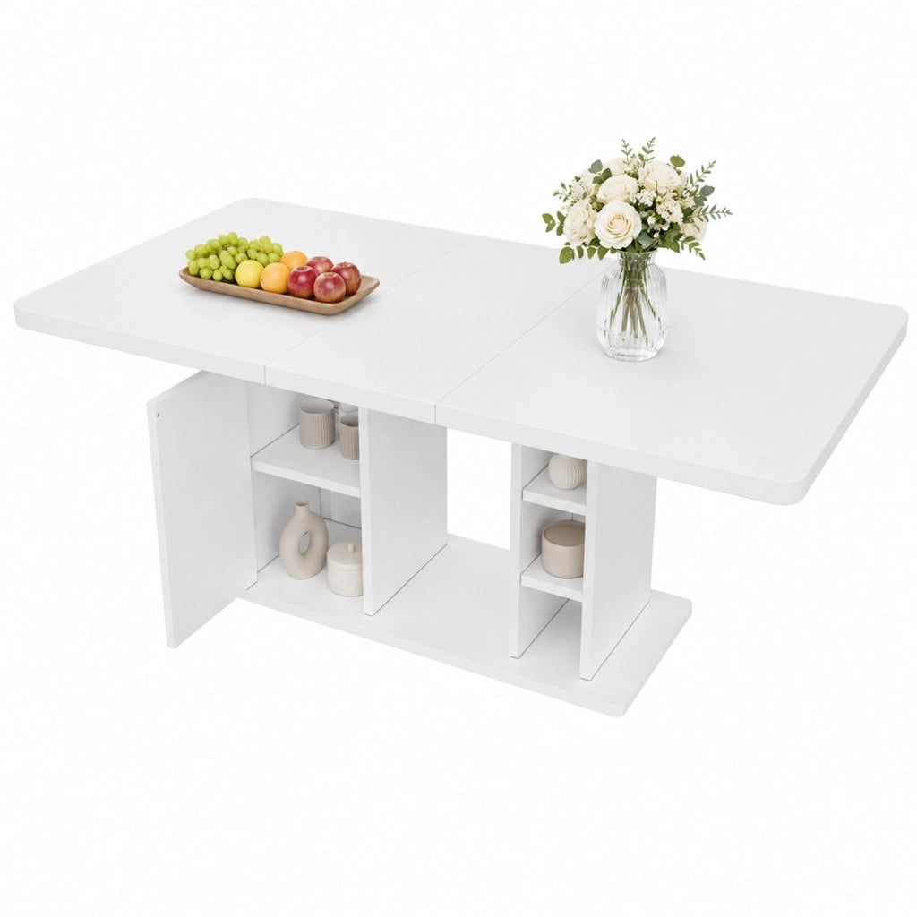 Tavolo da pranzo allungabile per 6-8 persone con mobile e ripiani; stile scandinavo; in MDF bianco; 140/180 × 80 cm