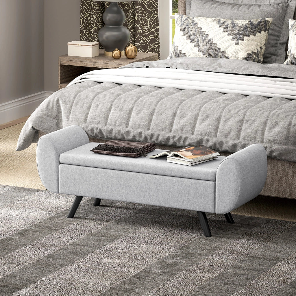 Panca Contenitore Grigio con Gambe in Legno ¨C zephmum ¨C 132x42x50 cm