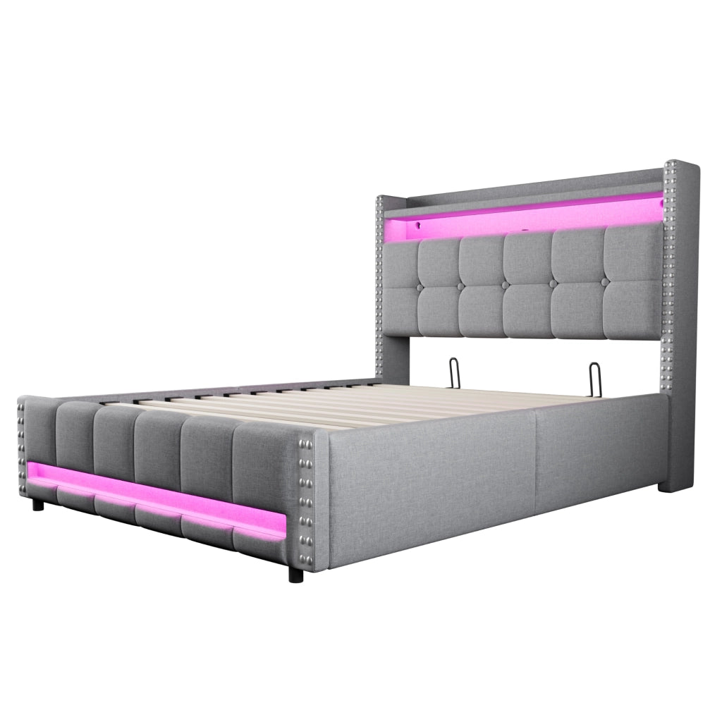 Letto Imbottito Contenitore con LED e USB ¨C MINIMAL ¨C Matrimoniale 140x200, Tessuto Grigio Chiaro