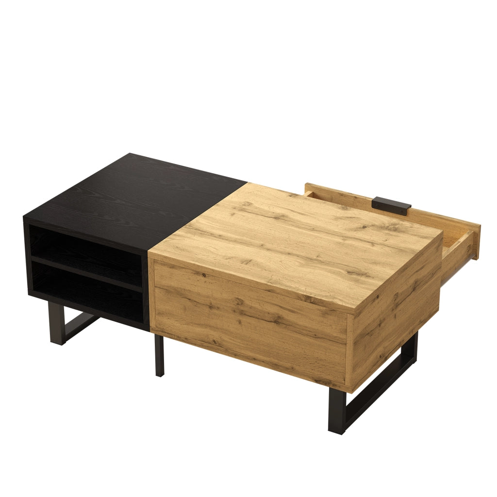 Tavolino da caffè 100x50x40 cm; 3 vani aperti e cassetto; pannello truciolare; colore naturale