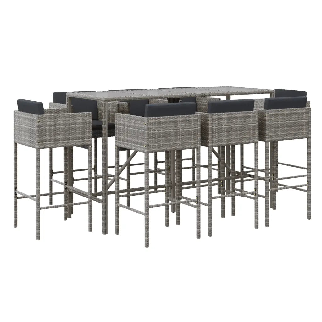 Set Bar da Giardino 9 pz con Cuscini in Polyrattan Grigio 3200654