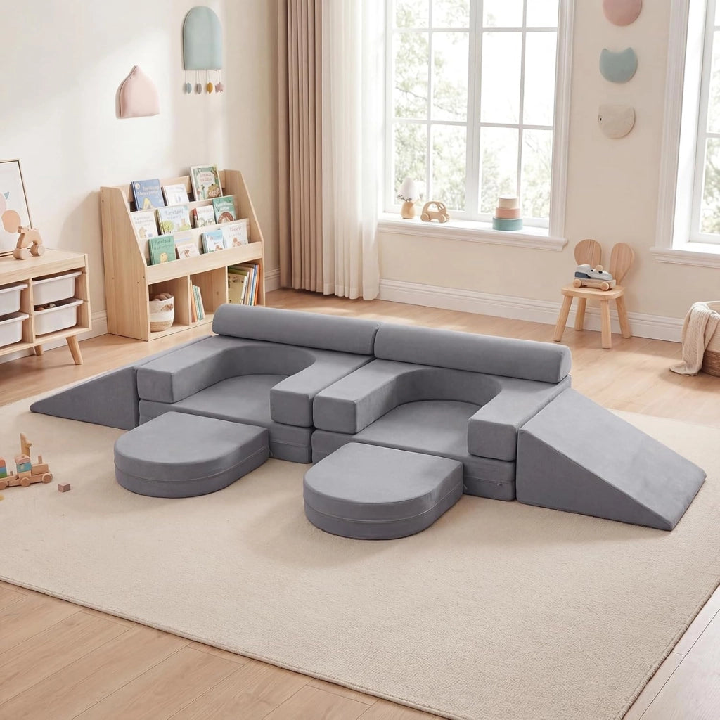 Divano da Gioco per Bambini Trasformabile, Poltrona Modulare a 10 Pezzi, Tessuto Suede e Schiuma ad Alta Elasticità, Divanetto per Bambini 3+ Anni, per Camerette, Soggiorno e Studio (Grigio)