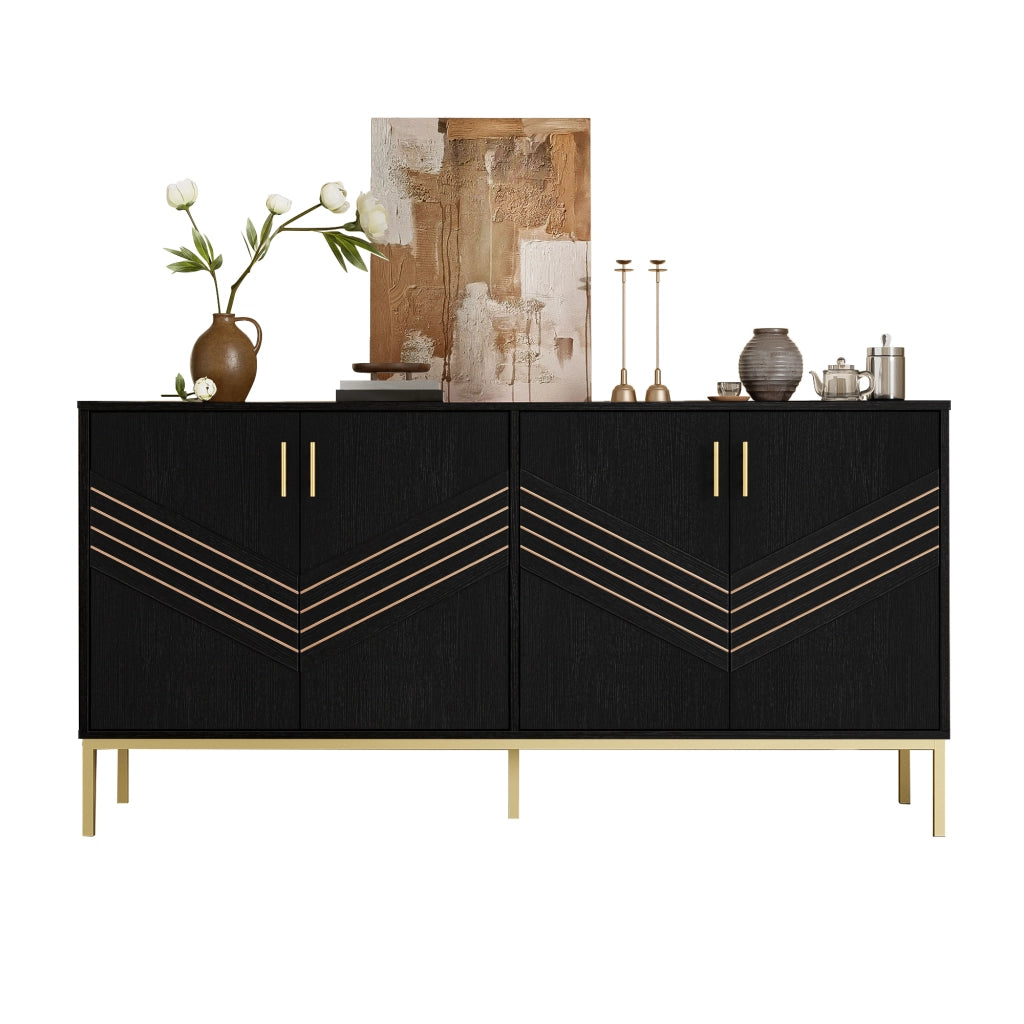 Sideboard a 4 ante 160x40x80;5 cm in MDF nero con dettagli effetto legno