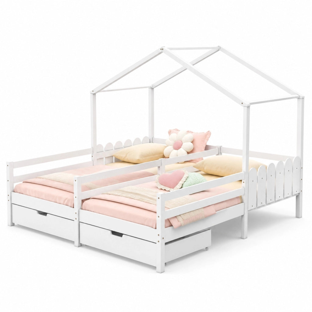 Letto a casetta doppio per bambini con 2 cassetti, bianco