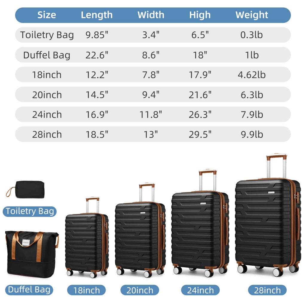 Set valigie rigide espandibili 6 pezzi con chiusura a combinazione, nero/marrone